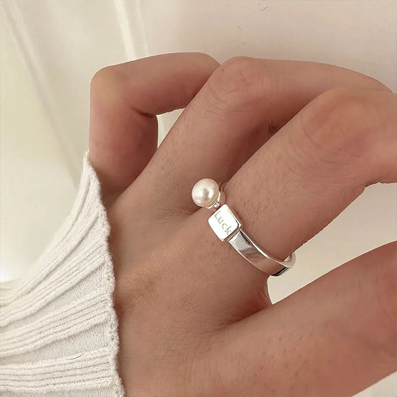 925 Sterling Silver Geometric Pearl Letter Ring – Adjustable Korean Fashion Couple Gift