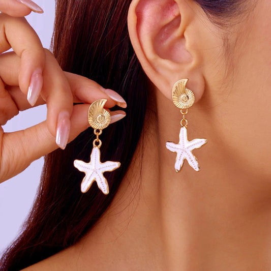 Starfish Dangle Earrings for Women Summer Beach Asymmetrical Metal Enamel Earring Girls Party Jewelry Gift