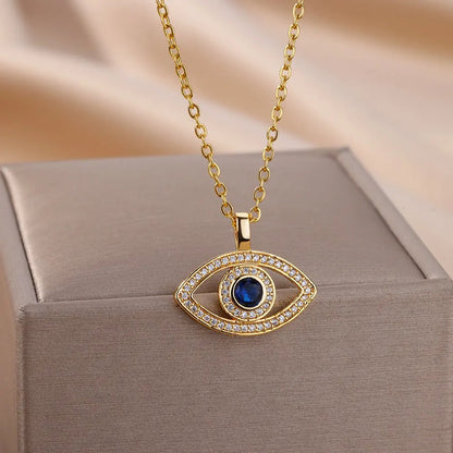 Zircon Evil Eye Pendant Necklace for Women Lucky Turkish Stainless Steel Necklaces 2025 Trend Aesthetic Jewerly
