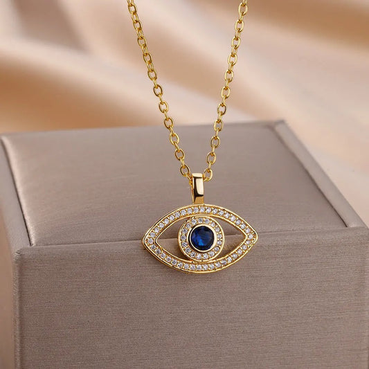 Zircon Evil Eye Pendant Necklace for Women Lucky Turkish Stainless Steel Necklaces 2025 Trend Aesthetic Jewerly