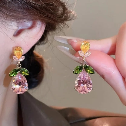 Pink Zircon Water Drop Flower Dangle Earrings for Women