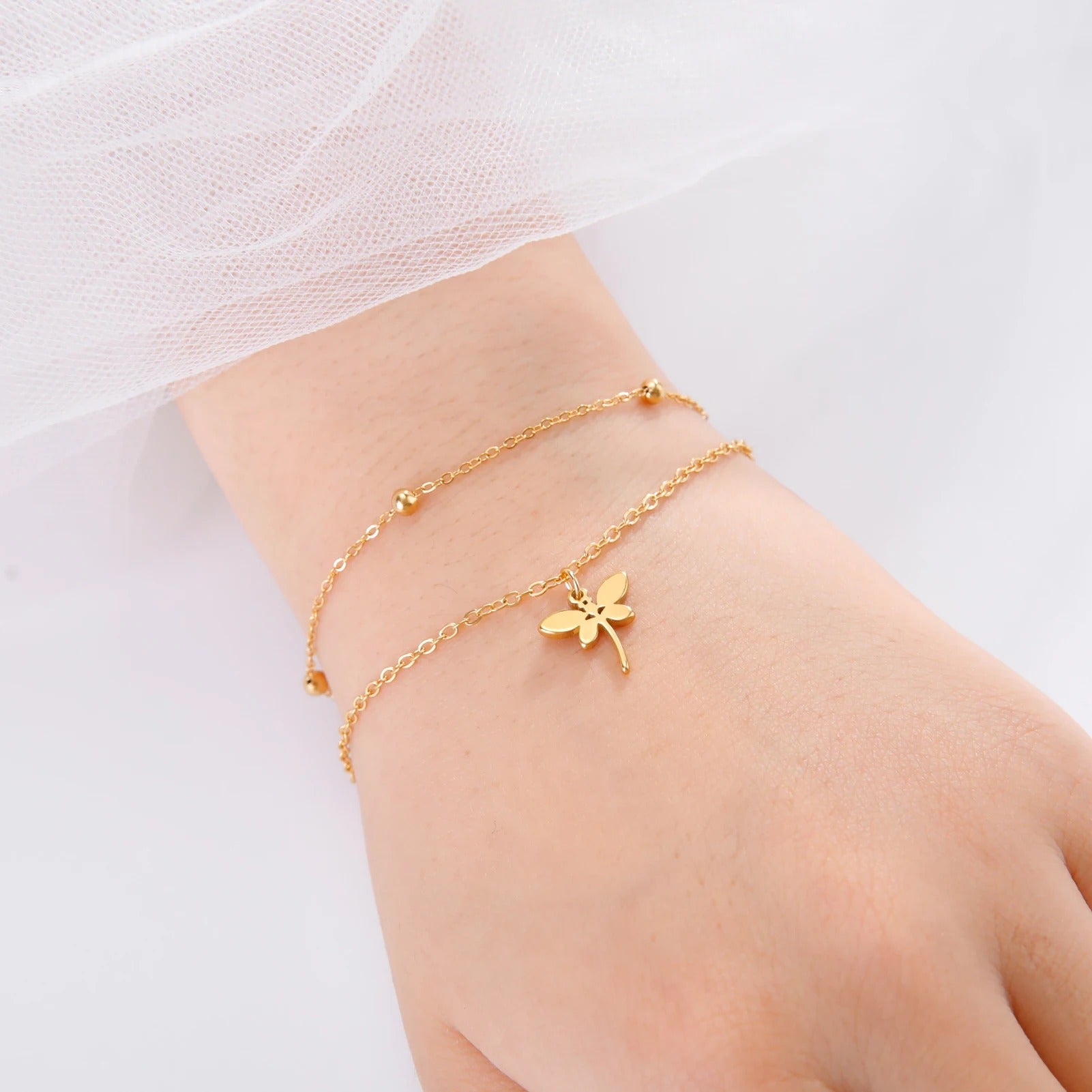 Fashion Dragonfly Pendant Bracelet Stainless Steel Double Layer Charm Bracelets For Woman Wedding Engagement Charm Jewelry