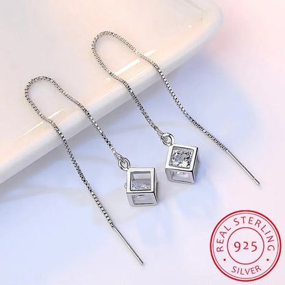 Fashion Silver Cube Love Window Zirconia Drop Earrings Women