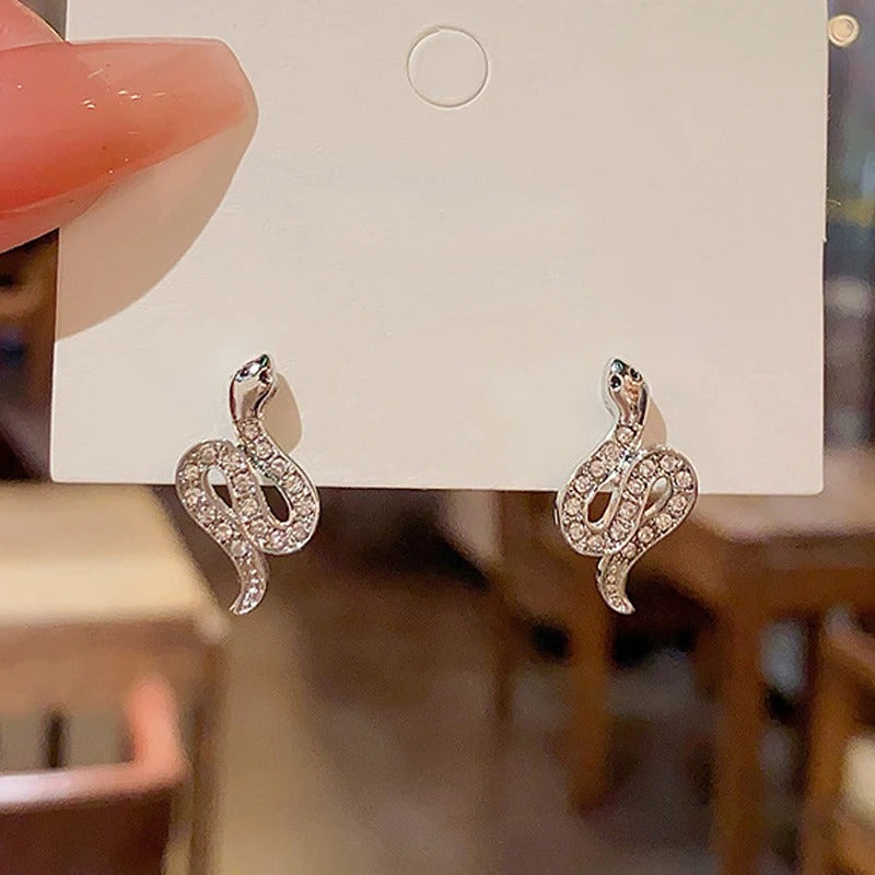 Inlaid Crystal Snake Drop Earrings for Women Silver Dangle Jewelry