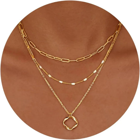 Layered Gold Necklace Set for Women 14K Gold & Silver Plated Paperclip Chain Circle Necklsce