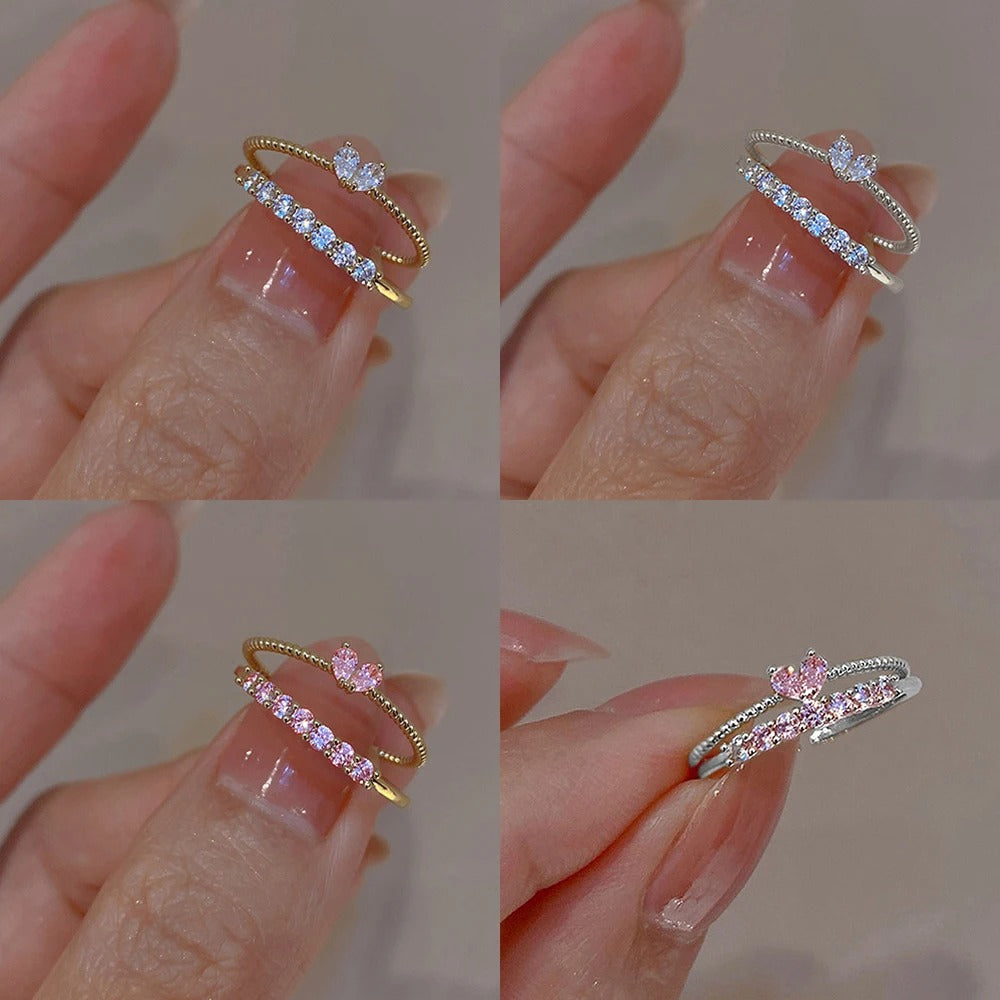 2PCS Crystal Heart Stackable Rings for Women Gold Color