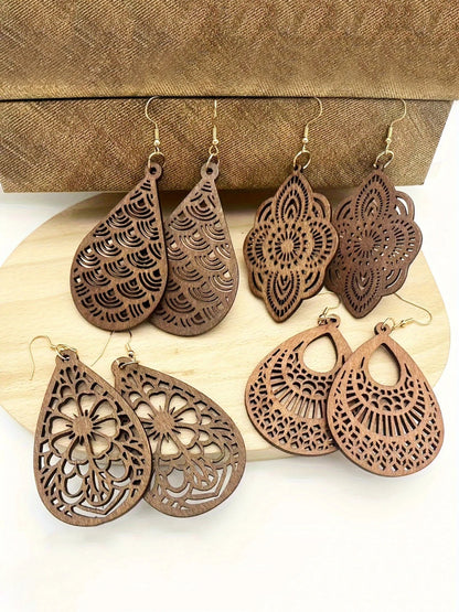 Elegant Wooden Flower Earrings Set 4 Pairs Vintage Retro Style
