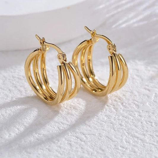 Irregular Three-Layer Gold Hoop Earrings Stainless Steel Earrings for Women’s Party Jewelry