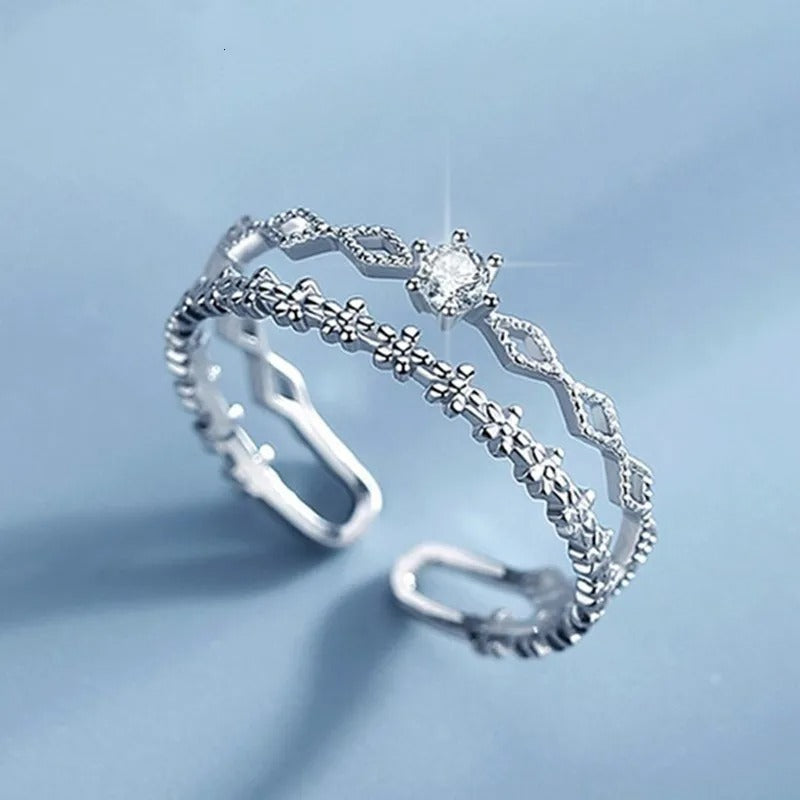 Sterling Silver Flower Lace Adjustable Ring Korean Fashion Jewelry