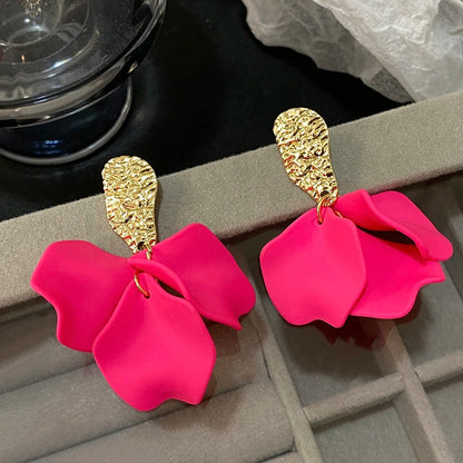Gold Petal Flower Drop Earrings for Women