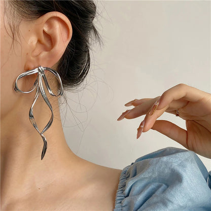 Korean Silver Bow Drop Earrings Women’s Long Elegant Fashion Jewelry