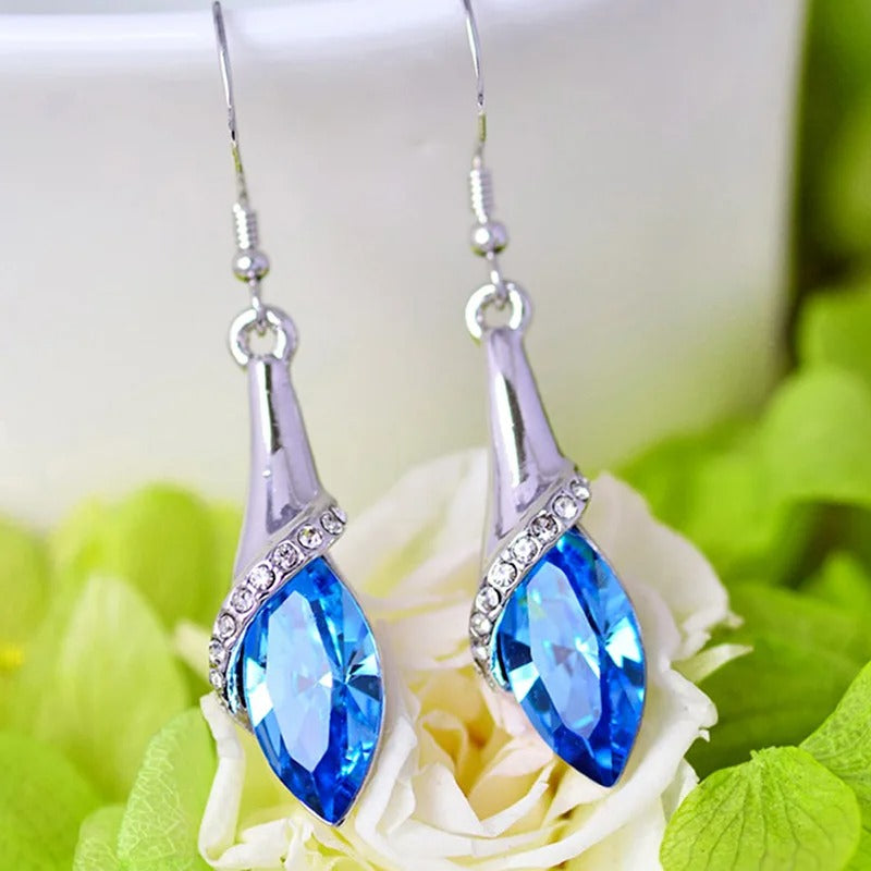 Blue Crystal Water Drop Earrings with Red Rhinestone Women