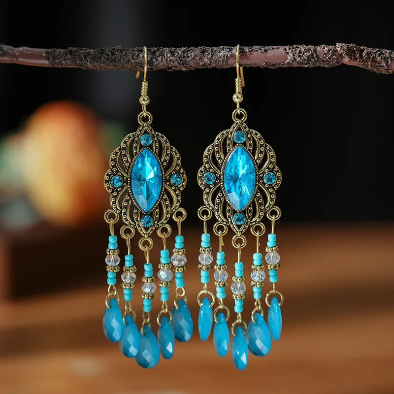 Ethnic Boho Crystal Tassel Drop Earrings Handmade for Women