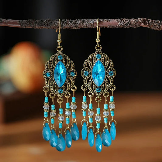 Ethnic Boho Crystal Tassel Drop Earrings Handmade for Women