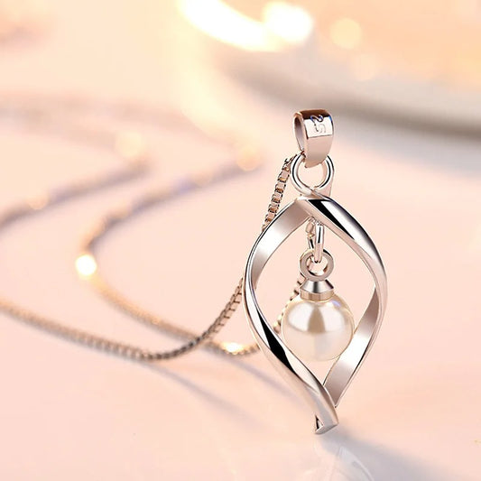Elegant 925 Sterling Silver Gyrate Pearl Pendant Necklace for Women Vintage Wedding Jewelry Gift