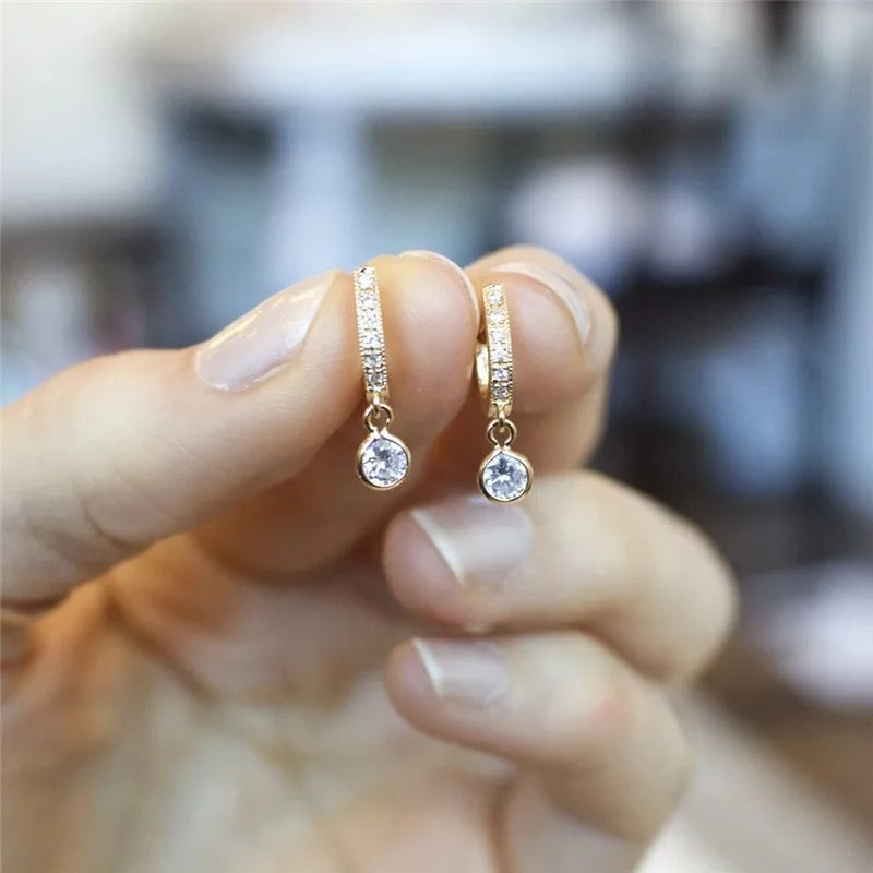 Simple Gold Drop Earrings Women Round CZ Charm Jewelry