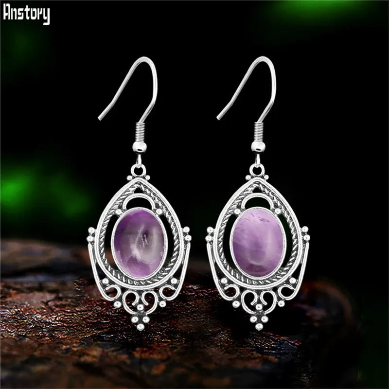 Vintage Amethyst & Tiger Eye Drop Earrings Silver Women