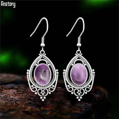 Vintage Amethyst & Tiger Eye Drop Earrings Silver Women