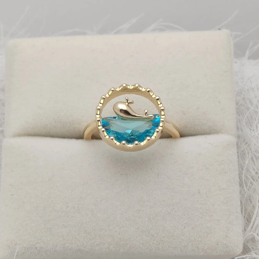 Sweet and Fashionable Blue Ocean Whale Crystal Zircon Ring with Micro Inlay and Open-ended Design