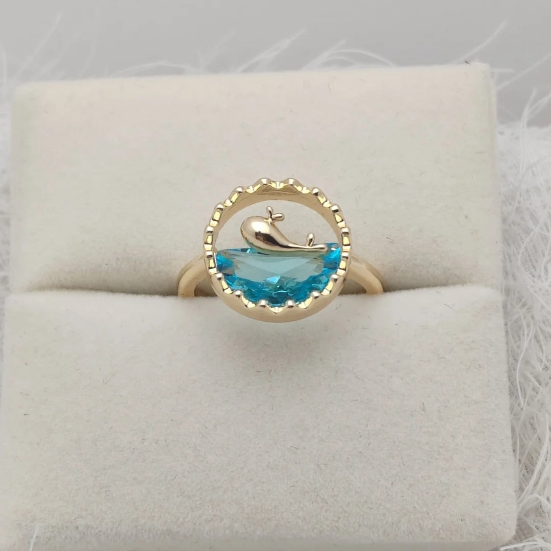 Sweet and Fashionable Blue Ocean Whale Crystal Zircon Ring with Micro Inlay and Open-ended Design