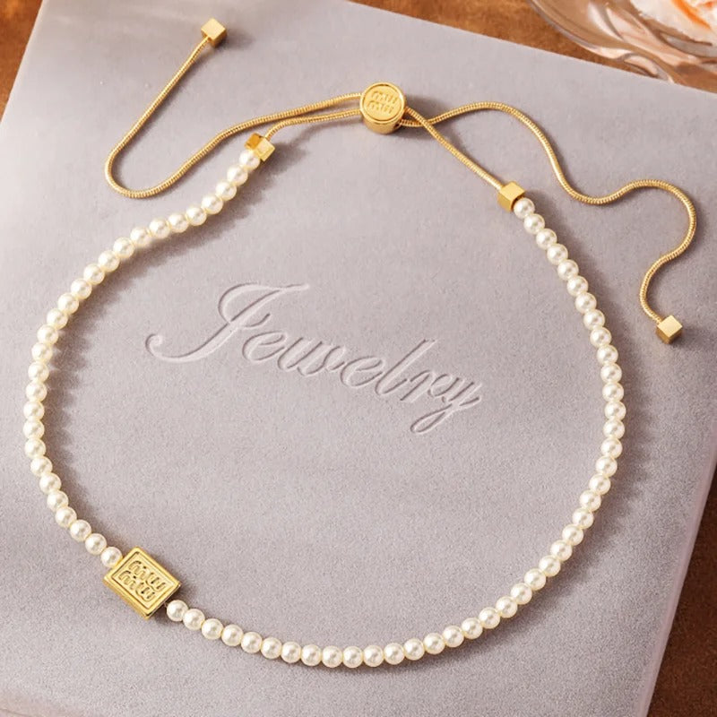 Pullable pearl necklace spring and summer square brand pendant fashion clavicle chain choker Imitation pearls necklace for women