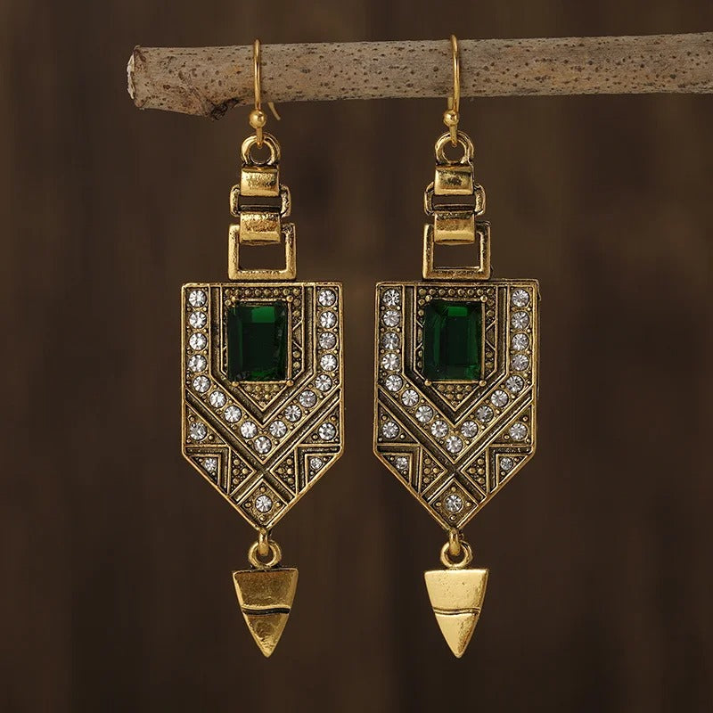 Fashion Green Glass Crystal Rhinestone Dangle Women Ancient Gold Color Wear Ear Band Long Tassel Earrings