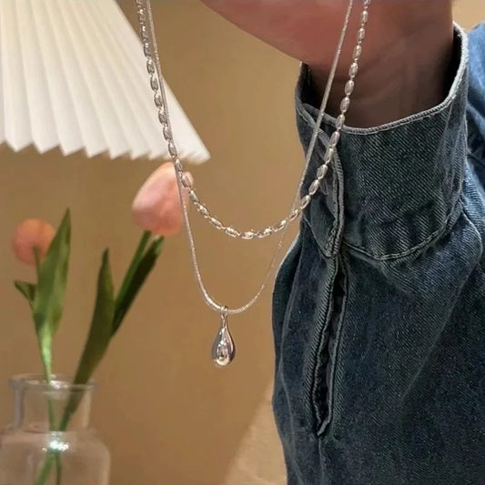 Charm Double Layer Water Drop Pendant Necklace Jewelry for Women Cute Cool Silver Color Clavicle Chain Jewelry
