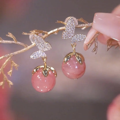 Pink Opal Cherry Drop Earrings with Zircon for Women