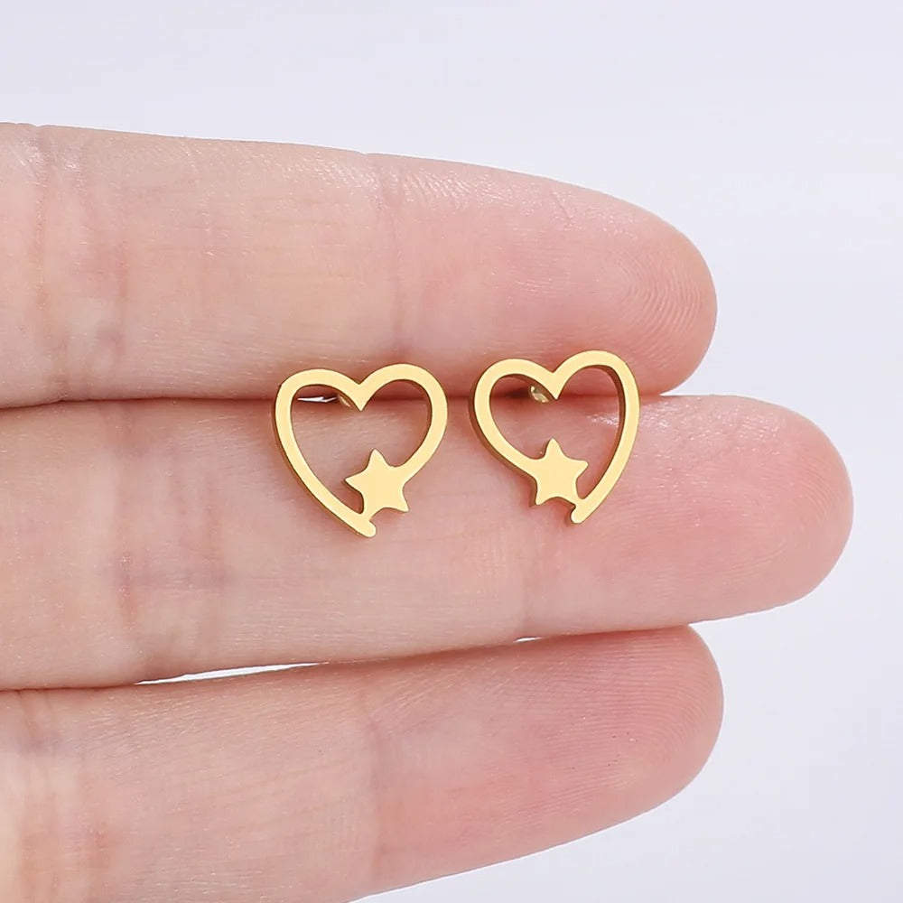 Stainless Steel Love Heart Star Stud Earrings for Women Girls Gold Jewelry
