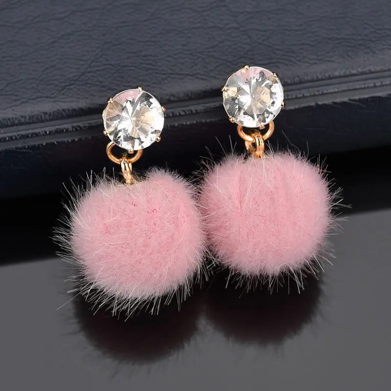 Korean Sweet Hair Ball Dangle Earrings Pink Red Women