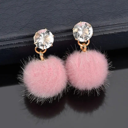 Korean Sweet Hair Ball Dangle Earrings Pink Red Women