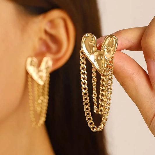 Women’s Fashion Heart Pattern Tassel Drop Earrings Gold Jewelry