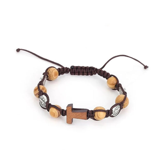 Catholic Black Rope Bracelet Adjustable Wooden Bead Benedict Santa Medal Rope Rosary Bracelet