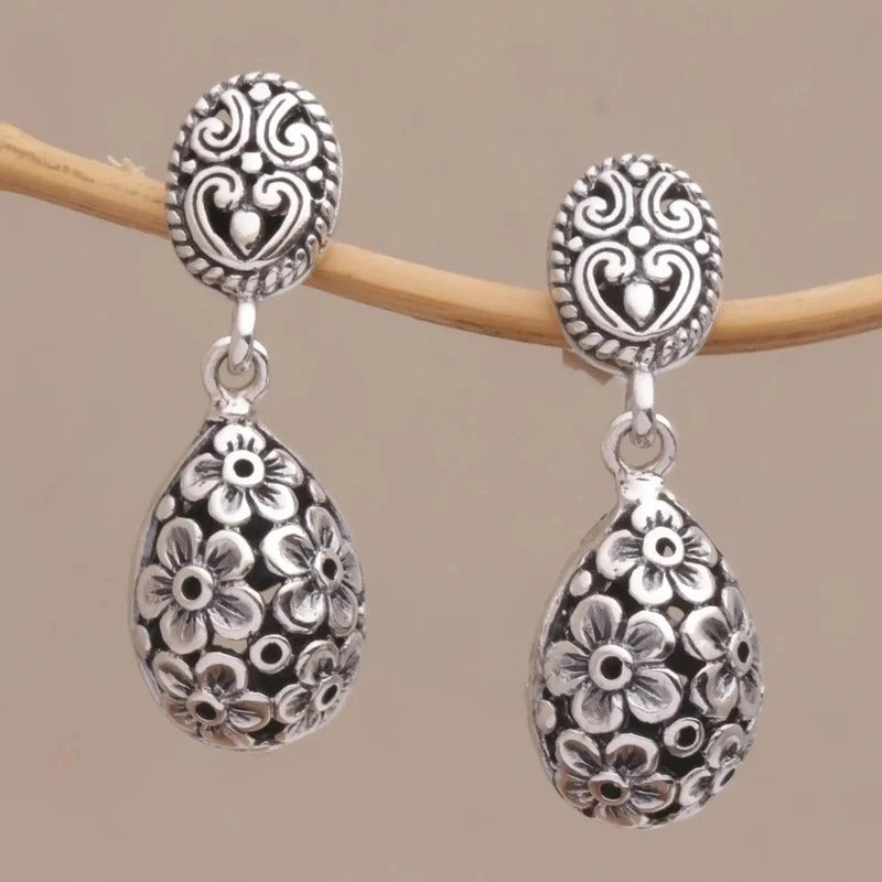 Silver Color Bohemian Earrings Drop-shaped Carved Flowers Dangle Earrings Women Party Wear Jewelry