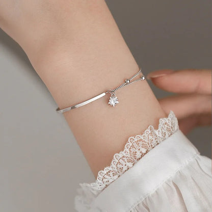 925 Sterling Silver Zircon Star Pendant Bracelet Women Girls