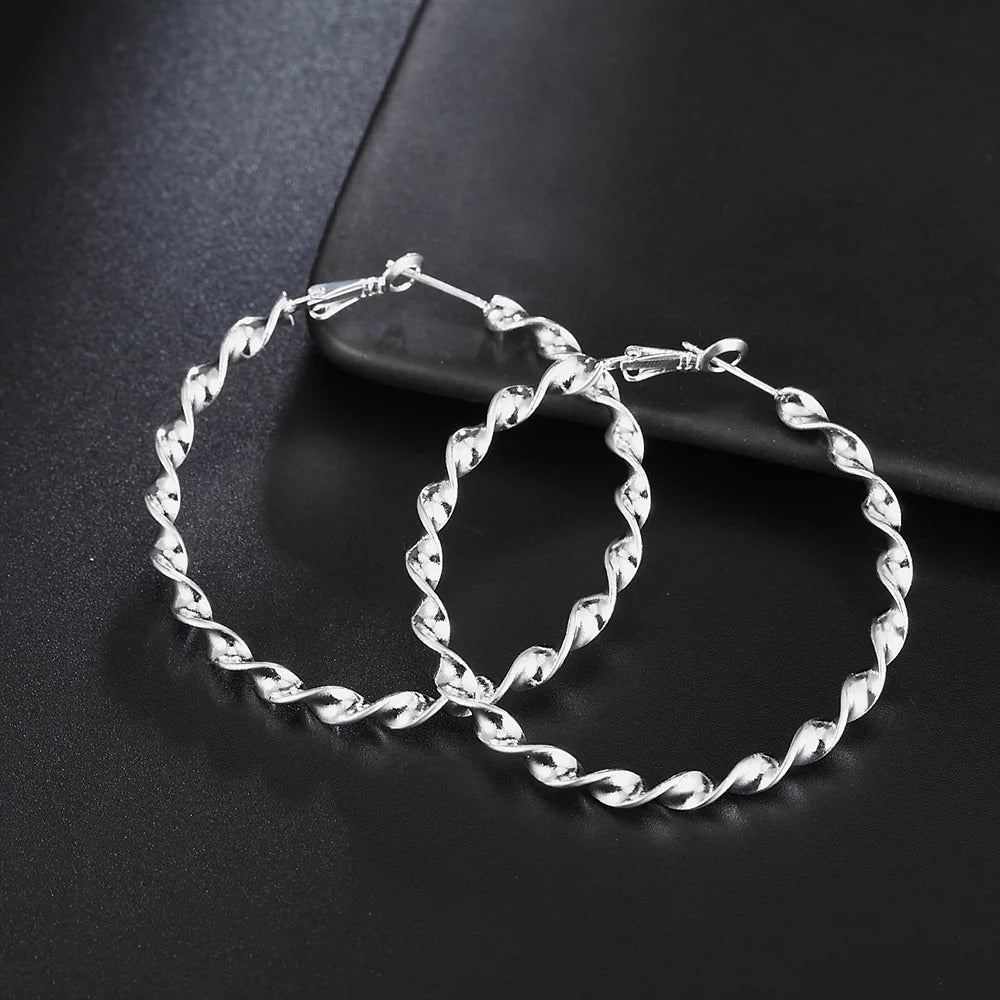 Sterling Silver Twisted Rope Hoop Earrings For Women Vintage Wedding Elegant Luxury Quality Jewelry Accessories