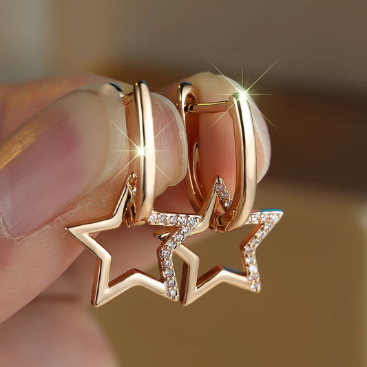 White Zircon Star Hoop Earrings for Women Gold Color