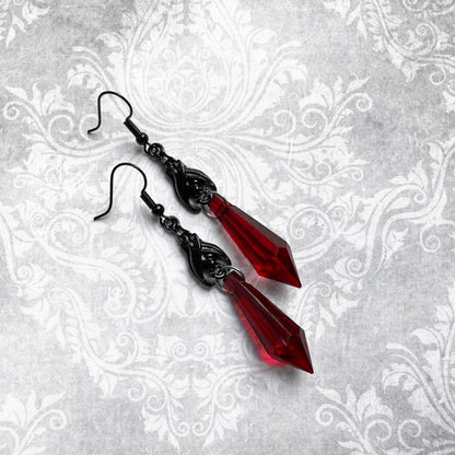 Black Earrings with Red Teardrop Beads, Earrings, Gothic Jewelry,Alternative Jewelry,Gothic Gift for Her,Bat Lover,Halloween