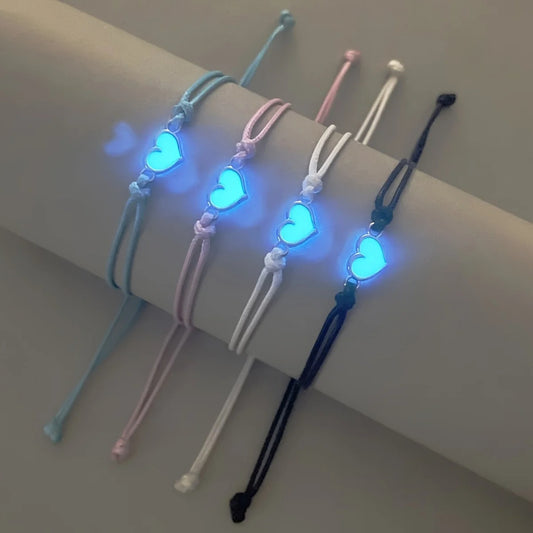 4-piece set of glow-in-the-dark heart-shaped accessories, good bracelets, hand-woven waxed cord wristbands