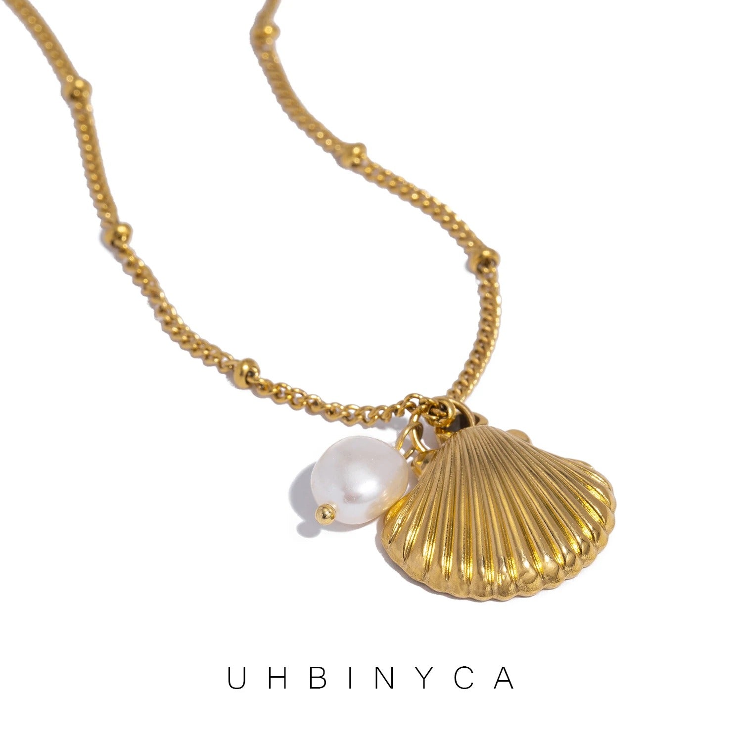 18K Gold Plated Stainless & Pearl Pendant Necklace for Women, Summer Beach Boho Coastal Hypoallergenic Jewelry Gift