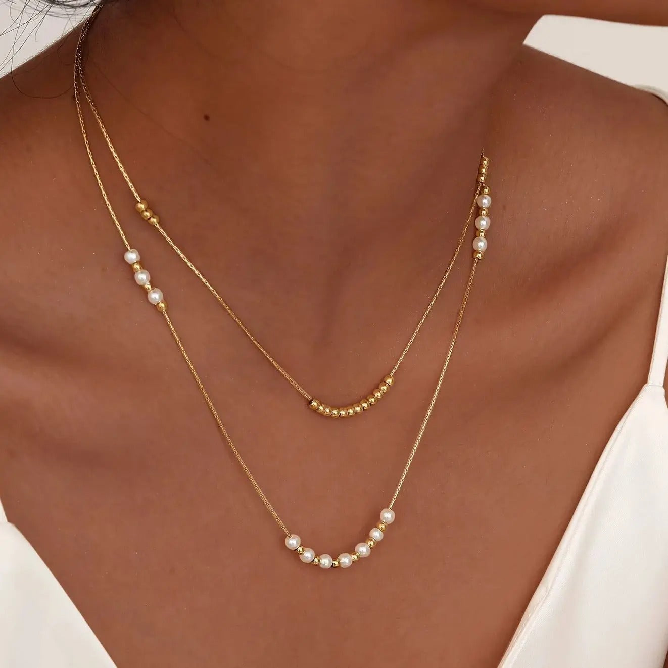 Elegant Double Layer Pearl Bead Necklace Stainless Steel Hammer Chain