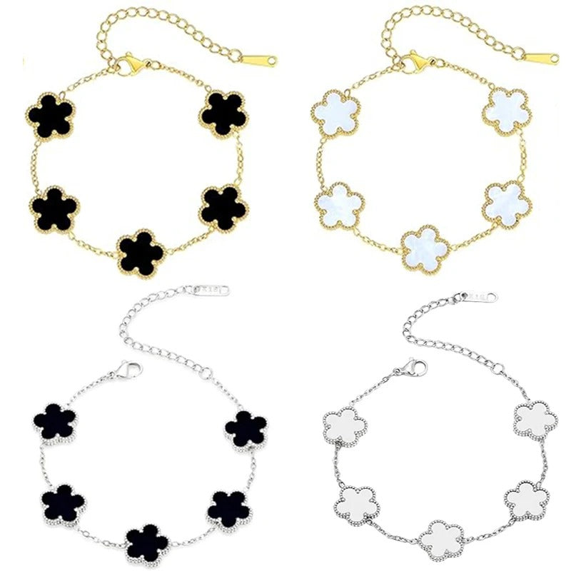 Lucky Clover Double-Sided Flower Bracelet – Gold-Plated Stainless Steel Jewelry for Women