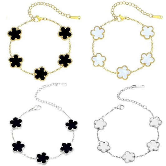 Lucky Clover Double-Sided Flower Bracelet – Gold-Plated Stainless Steel Jewelry for Women