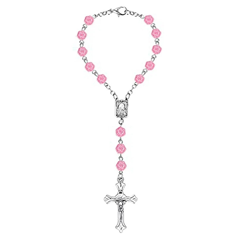 Pink Plastic Rose Flower Cross Rosary Bracelets For Women Car Hanger