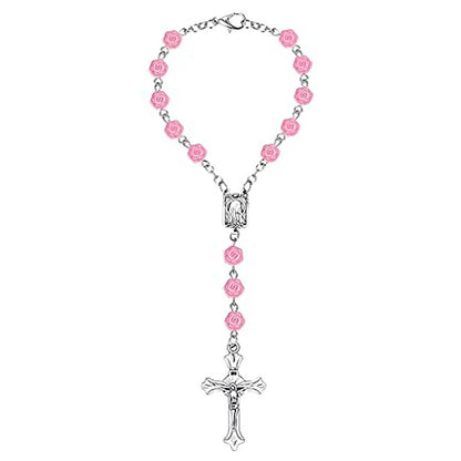 Pink Plastic Rose Flower Cross Rosary Bracelets For Women Car Hanger
