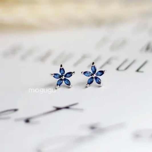Women’s Small Flower Stud Earrings Blue Zircon 925 Silver Gold