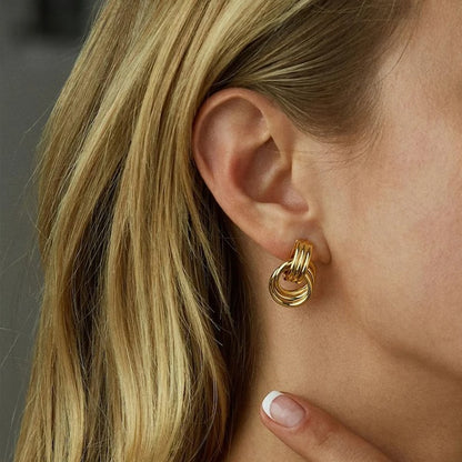 Vintage Gold Plated Triple Knot Stud EarringsTwisted Small Circle Stainless Steel Punk Jewelry for Women