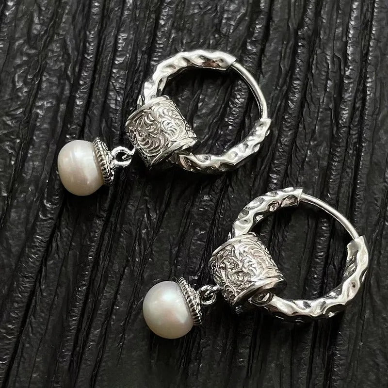 Silver Drop Earrings Hoop Pearl Leaf Vintage Irregular For Women Girl Gift Fashion Jewelry