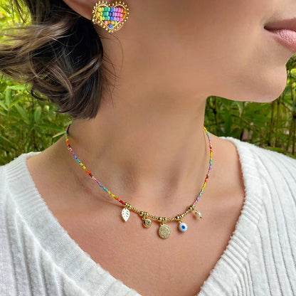 Leaf Pearl & Evil Eye Choker Boho Miyuki Bead Necklace for Women