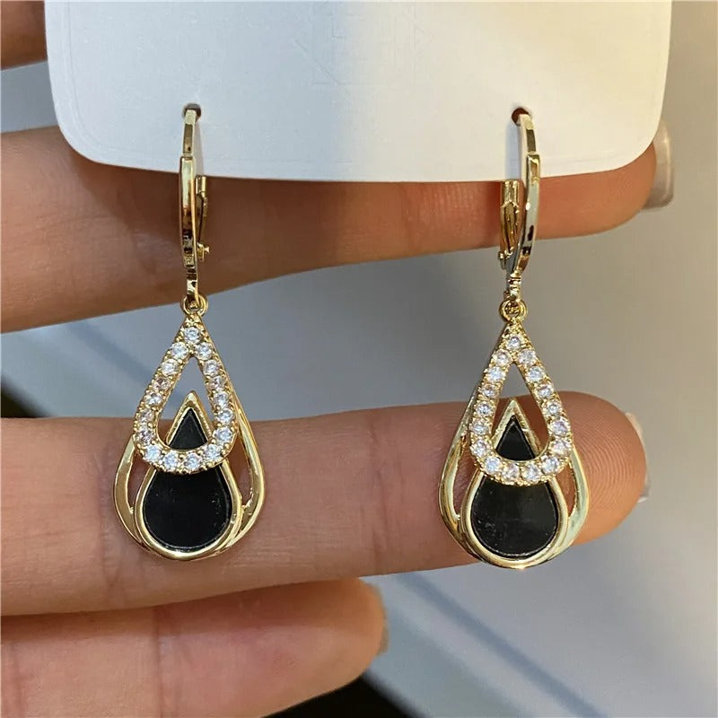 Trendy Rhinestones Black Enamel Oil Water Drop Dangle Earrings for Women Party Golden Color Hollow Out Round Hoop Jewelry Gift